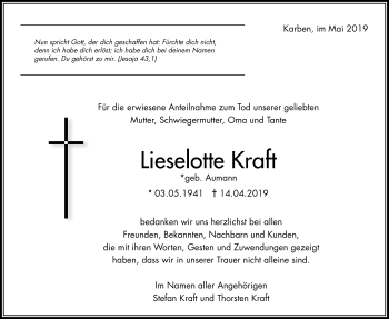 Traueranzeige von Lieselotte Kraft von Bad Vilbel/Karben
