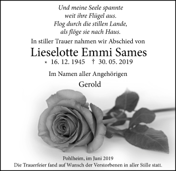 Traueranzeige von Lieselotte Emmi Sames von Pohlheimer Nachrichten