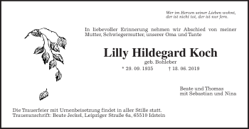 Traueranzeige von Lilly Hildegard Koch von Wetterauer Zeitung