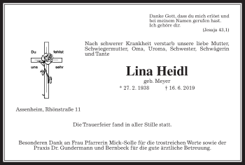 Traueranzeige von Lina Heidl von Wetterauer Zeitung