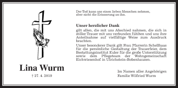 Traueranzeige von Lina Wurm von Alsfelder Allgemeine