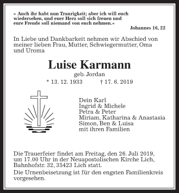 Traueranzeige von Luise Karmann von Giessener Allgemeine, Alsfelder Allgemeine
