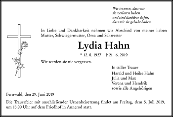 Traueranzeige von Lydia Hahn von Giessener Allgemeine, Alsfelder Allgemeine