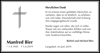 Traueranzeige von Manfred Bier von Licher Wochenblatt