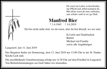 Traueranzeige von Manfred Bier von Giessener Allgemeine, Alsfelder Allgemeine