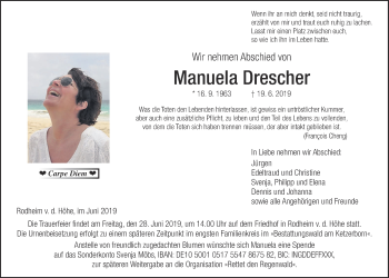 Traueranzeige von Manuela Drescher von Wetterauer Zeitung