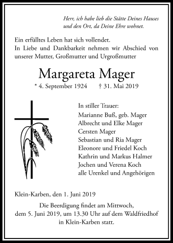 Traueranzeige von Margareta Mager von Wetterauer Zeitung
