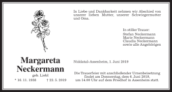 Traueranzeige von Margareta Neckermann von Wetterauer Zeitung