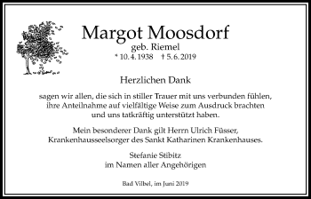 Traueranzeige von Margot Moosdorf von Bad Vilbel/Karben