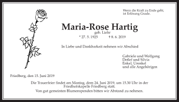 Traueranzeige von Maria-Rose Hartig von Wetterauer Zeitung