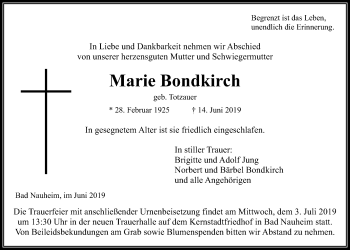 Traueranzeige von Marie Bondkirch von Wetterauer Zeitung