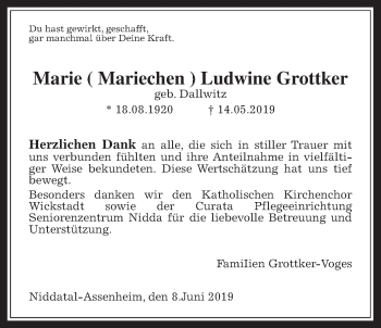 Traueranzeige von Marie Ludwine Grottker von Wetterauer Zeitung