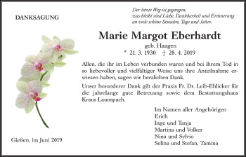 Traueranzeige von Marie Margot Eberhardt von Giessener Allgemeine, Alsfelder Allgemeine