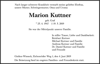 Traueranzeige von Marion Kuttner von Giessener Allgemeine, Alsfelder Allgemeine