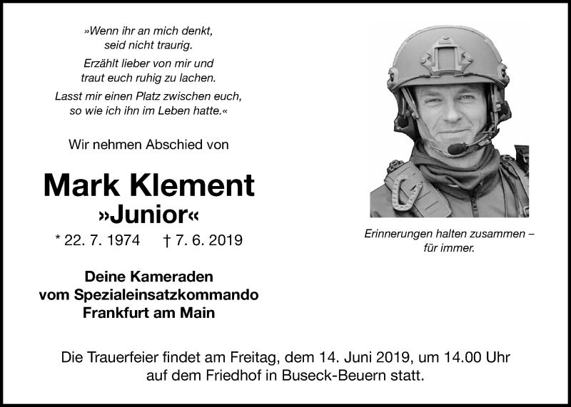  Traueranzeige für Mark Klement vom 13.06.2019 aus Giessener Allgemeine, Alsfelder Allgemeine