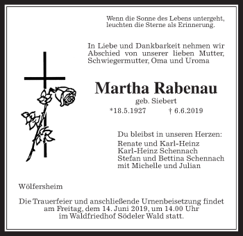 Traueranzeige von Martha Rabenau von Wetterauer Zeitung