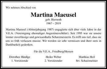 Traueranzeige von Martina Maeusel von Wetterauer Zeitung