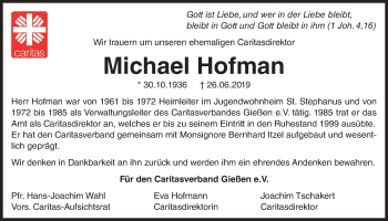 Traueranzeige von Michael Hofman von Giessener Allgemeine, Alsfelder Allgemeine, Wetterauer Zeitung