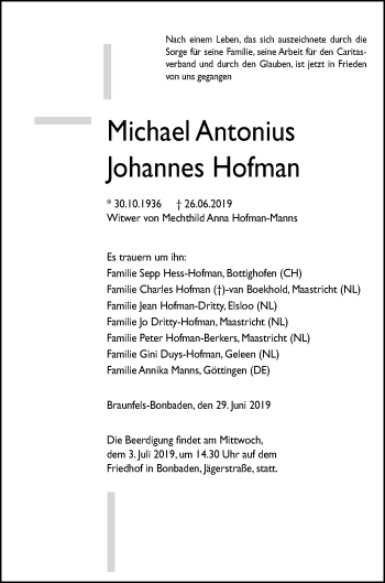 Traueranzeige von Michael Antonius Johannes Hofman von Giessener Allgemeine, Alsfelder Allgemeine