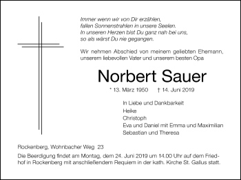Traueranzeige von Norbert Sauer von Wetterauer Zeitung