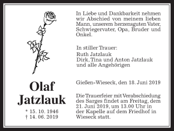 Traueranzeige von Olaf Jatzlauk von Giessener Allgemeine, Alsfelder Allgemeine