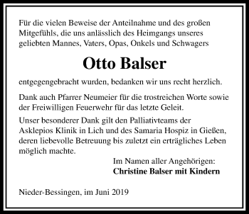 Traueranzeige von Otto Balser von Licher Wochenblatt