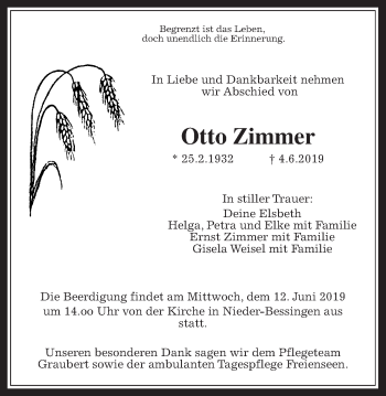 Traueranzeige von Otto Zimmer von Giessener Allgemeine, Alsfelder Allgemeine
