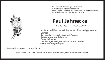 Traueranzeige von Paul Jahnecke von Giessener Allgemeine, Alsfelder Allgemeine