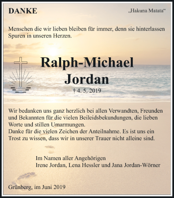 Traueranzeige von Ralph-Michael Jordan von Giessener Allgemeine, Alsfelder Allgemeine