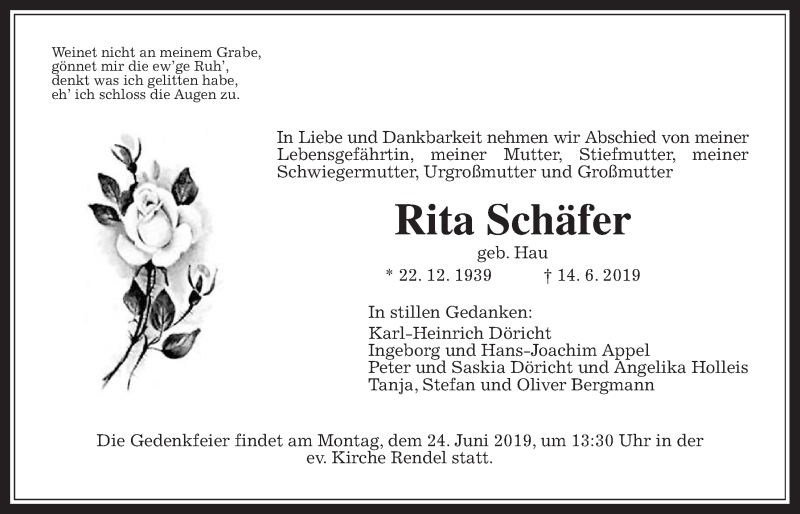  Traueranzeige für Rita Schäfer vom 19.06.2019 aus Wetterauer Zeitung