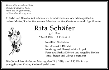 Traueranzeige von Rita Schäfer von Bad Vilbel/Karben
