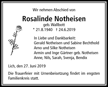 Traueranzeige von Rosalinde Notheisen von Licher Wochenblatt