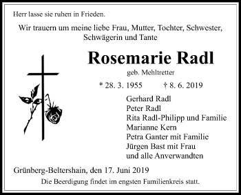 Traueranzeige von Rosemarie Radl von Giessener Allgemeine, Alsfelder Allgemeine