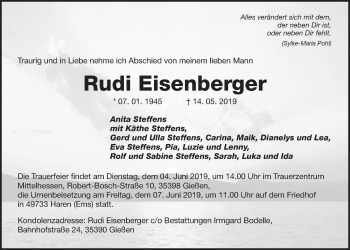 Traueranzeige von Rudi Eisenberger von Giessener Allgemeine, Alsfelder Allgemeine
