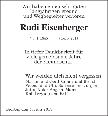Traueranzeige von Rudi Eisenberger von Giessener Allgemeine, Alsfelder Allgemeine