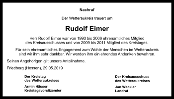 Traueranzeige von Rudolf Eimer von Wetterauer Zeitung