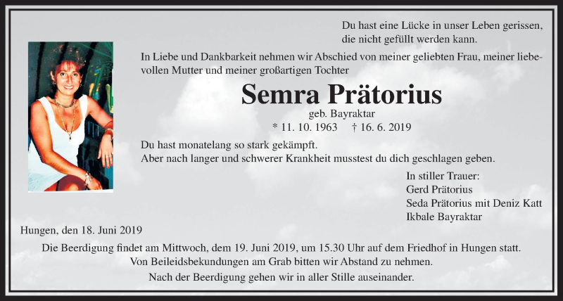  Traueranzeige für Semra Prätorius vom 18.06.2019 aus Giessener Allgemeine, Alsfelder Allgemeine