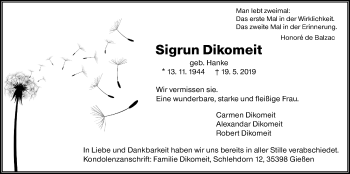 Traueranzeige von Sigrun Dikomeit von Giessener Allgemeine, Alsfelder Allgemeine