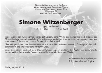 Traueranzeige von Simone Weitzenberger von Wetterauer Zeitung