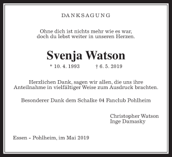 Traueranzeige von Svenja Watson von Pohlheimer Nachrichten