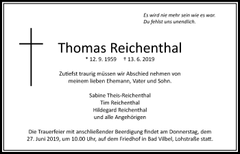 Traueranzeige von Thomas Reichenthal von Bad Vilbel/Karben