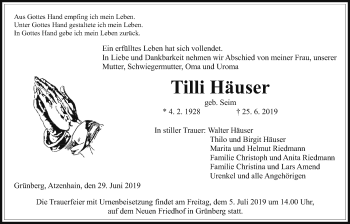Traueranzeige von Tilli Häuser von Alsfelder Allgemeine