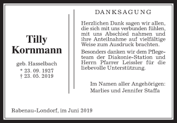 Traueranzeige von Tilly Kornmann von Rabenauer Zeitung