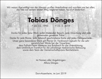 Traueranzeige von Tobias Dönges von Wetterauer Zeitung