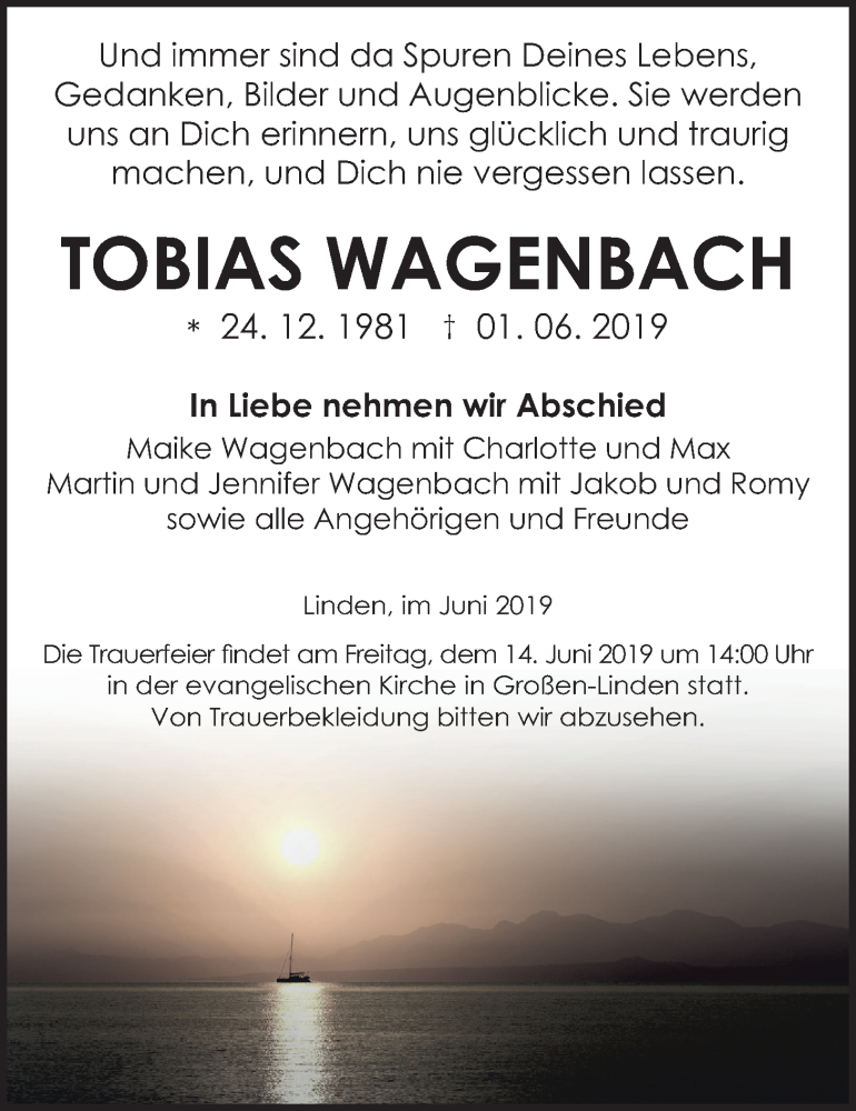  Traueranzeige für Tobias Wagenbach vom 08.06.2019 aus Giessener Allgemeine, Alsfelder Allgemeine