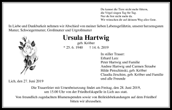 Traueranzeige von Ursula Hartwig von Licher Wochenblatt
