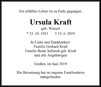 Traueranzeige von Ursula Kraft von Giessener Allgemeine, Alsfelder Allgemeine