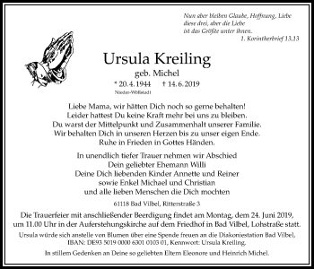 Traueranzeige von Ursula Kreiling von Bad Vilbel/Karben