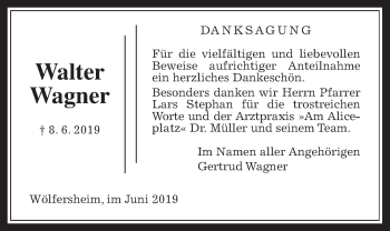 Traueranzeige von Walter Wagner von Wetterauer Zeitung