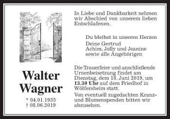Traueranzeige von Walter Wagner von Wetterauer Zeitung